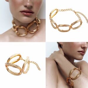 Anthropology Chunky Choker Chain Necklace Bracelet Set Gold JA24